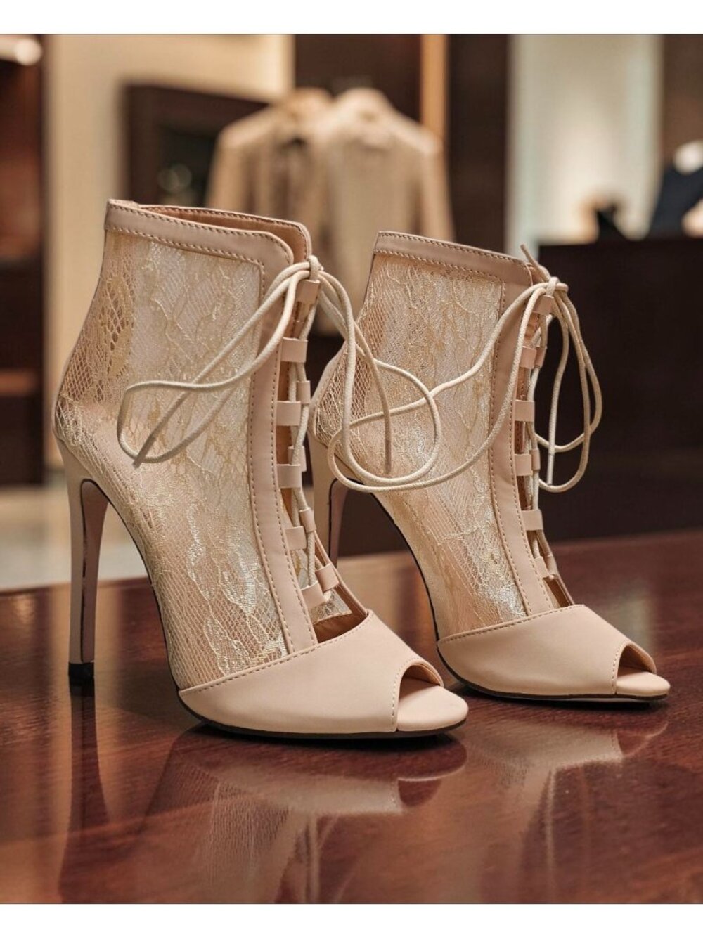 Peep Toe Lace-Up Stiletto Booties With Sheer Lace Panels Nude Beige High Heel An - Picture 7 of 12